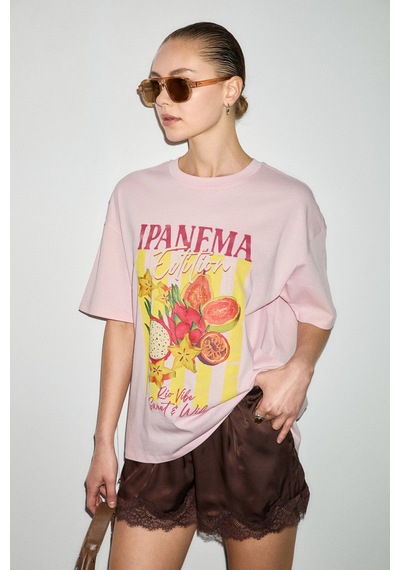 Grımelange Wuna Kadın Yumuşak Kumaşlı %100 Organik Pamuklu Baskı Detaylı Pembe T-shirt