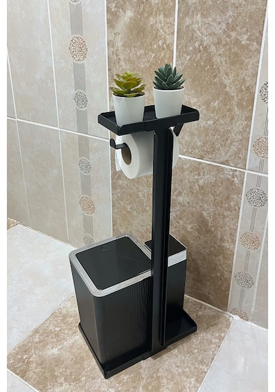 6 Parça Banyo Seti Çöp Kovası, Wc Fırça, Tuvalet Kağıtlık, Diş Fırçalık, Sıvı Sabunluk, Sabunluk Krom - Siyah