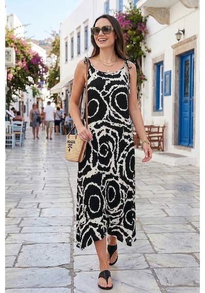 Lela Regular Fit Ip Askılı Uzun Bayan Elbise 5865732 Siyah-Beyaz