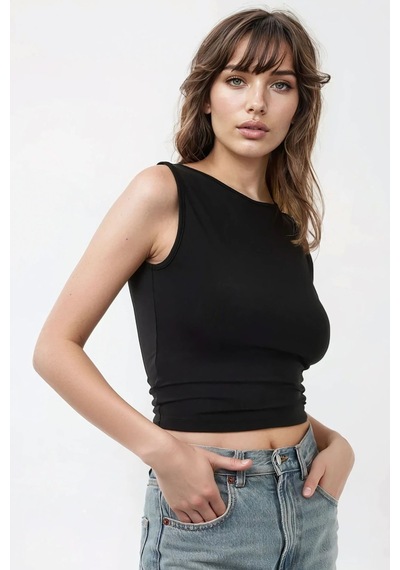 Hiccup Slim Fit Sırtı Açık Kayık Yaka Örme Üst Siyah