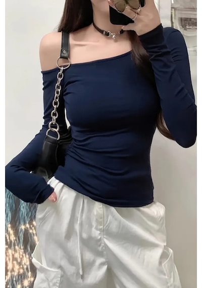 Lacivert Kadın Düşük Omuz Kayık Yaka Dar/slim Uzun Kollu T-shirt Lacivert