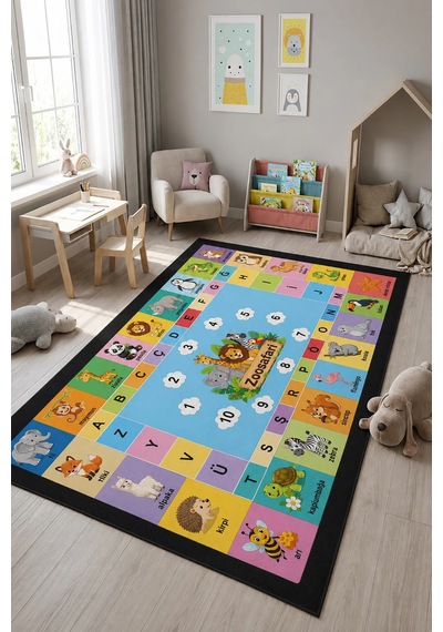 Sonictouch Çocuk Oyun Halısı Türkçe Eğitici Hayvanlar Alfabeli Halı Kaymaz Dijital Baskı 70x120 CM