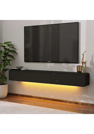İnarch Dizayn Alba Led Işıklı Duvara Monte Tv Sehpası - 3 Kapaklı Tasarım Siyah