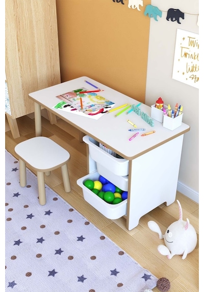 Çocuk Çalışma Masası 90x45 Cm 3 Sepetli Çocuk Masa Tabure Seti Oyun & Aktivite Masası Çok Renkli