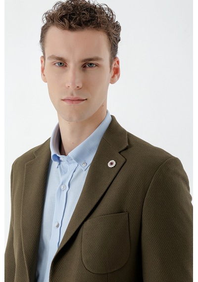 Morven Erkek Haki Dokuma Slim Fit Torba Cep Mono Yaka Spor Ceket Haki