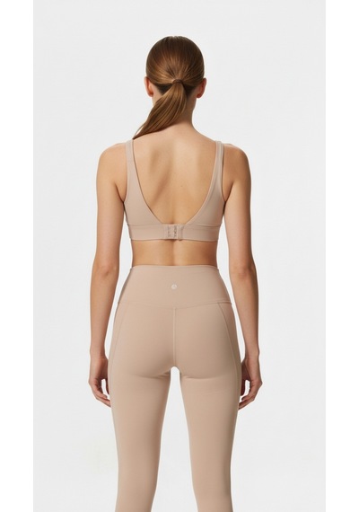 Yüksek Bel Toparlayıcı Tayt & V Sırt Destekli Spor Sütyeni - Sculpt Set Bej