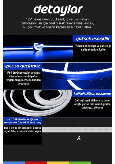24v Dış Mekan M/60 2835 Mavi Led Şerit 5 Metre, Kesilebilir Ve Eklenebilir