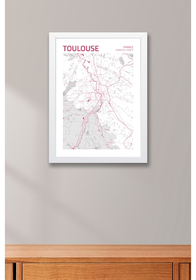 Tuzul Fransa Toulouse - France Haritası Çerçeveli Tablo Lüks Salon Ofis Duvar Dekorasyonu Tablo Beyaz