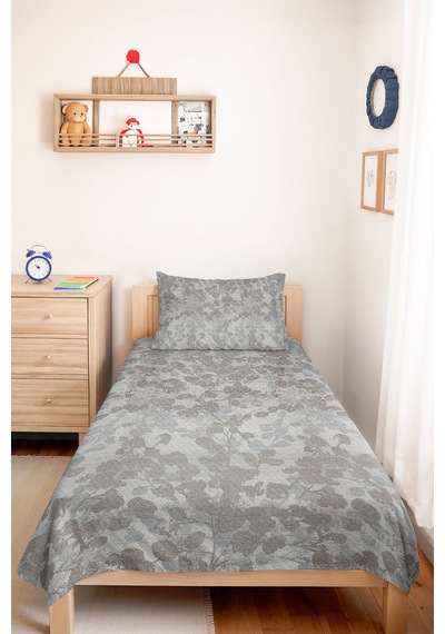 Gri Botanik Tek Kişilik Pike Takımı-minimal Yaprak Antrasit Bej 160x220 Cm Kapitone Yatak Örtüsü Melez Kulübe Dengesi