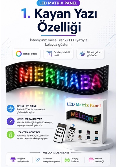Kumandalı Led Matrix Panel Kayan Yazı Tabelası Renkli Mesaj Ve Saat Gösterimli Çok Renkli