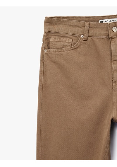 Koton Yüksek Bel Cepli Düğmeli Pamuklu Düz Paça Denim Pantolon - Mom Slim Jean Kahverengi 6sal40075mw Kahve