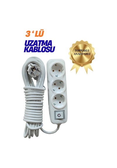 Klc 3'lü Grup Priz 7 Metre Anahtarlı Topraklı Çocuk Korumalı Uzatma Kablosu Seyyar Kablo 3lü Priz Beyaz 6 - 8 M