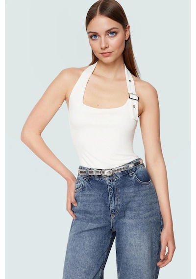 Ersefa Fitted Kalıp Viskoz Ribana Crop Bluz Boyundan Bağlamalı Yaka Günl Beyaz