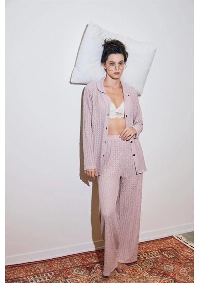 İkikareshop Kadın Pembe Önden Düğmeli Rahat Kesim Pijama Takımı - Günlük Ev Giyim Seti Çok Renkli