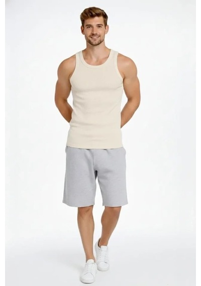 Vexor Erkek Fitilli Atlet Sıfır Yaka Slim Fit Arka Baskılı Spor Atlet - Krem