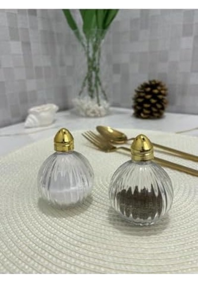 2 Li Gold Çizgili Origami Tuzluk Biberlik Takımı Cam Tuzluk Cam Biberlik Açık Bej