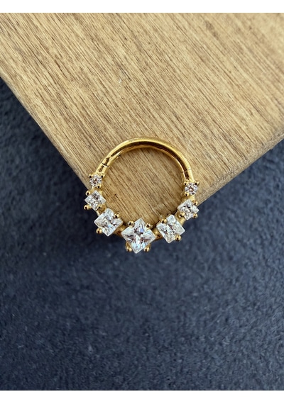 316 L Cerrahi Çelik Oval Zirkon Taşlı Pırlanta Model Halka Piercing Beyaz Altın