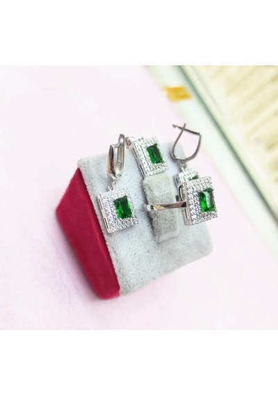 Oriental Kuyumculuk Jewellery Gümüş Dikdörtgen Zümrüt Set Takım Gümüş