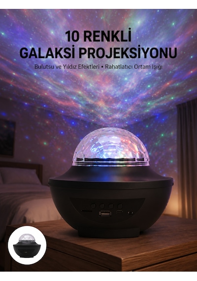 Masa Ve Gece Lambası Renkli Projektör Işıklı Disko Topu Bluetooth Hoparlör - Lisinya Siyah