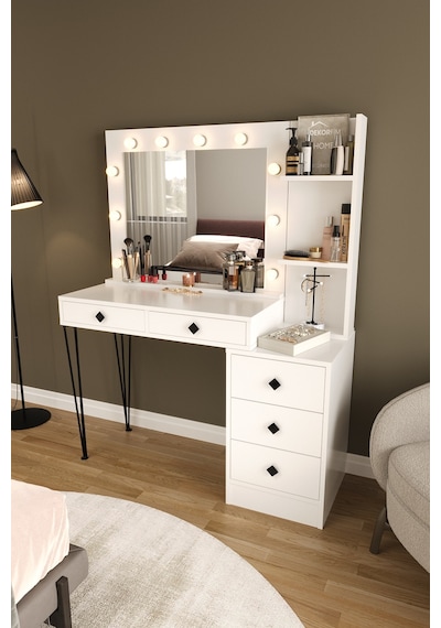 Df02121 Led Işıklı Aynalı Makyaj Masası Raflı Çekmeceli Beyaz Hollywood Model Makyaj Organizer