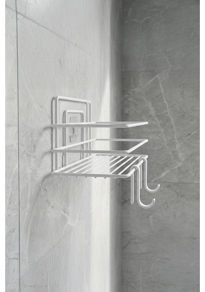 Tekli Beyaz Yapışkanlı Banyo Rafı + 2'li Askı Kanca Seti Metal Duş Şampuanlık Diğer