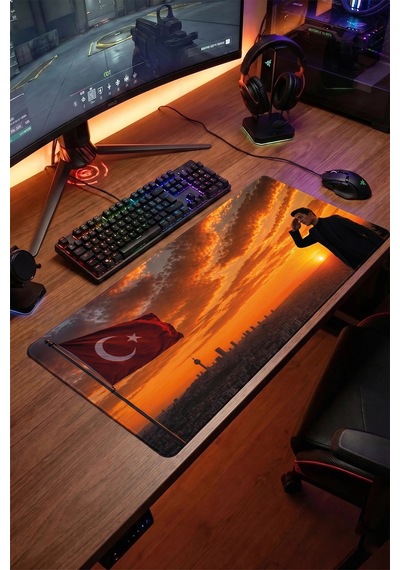 Sonictouch Türk Bayrağına Selam İlelebet Göklerde Kişiye Özel Fotoğraflı Klavye Mousepad 40x90cm