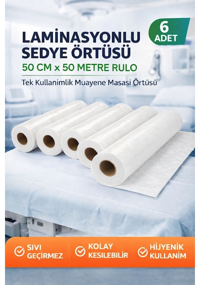 Laminasyonlu Sedye Örtüsü 50 Cm X 50 Metre Rulo Tek Kullanımlık Muayene Masası Örtüsü 6 Adet Bej