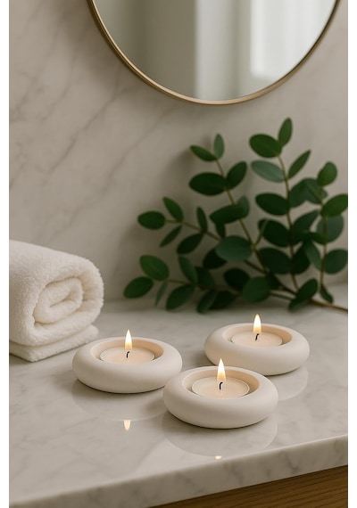 Dekoratif 3'lü Tealight Mumluk Seti Beton Görünümlü, Modern Tasarım Standart