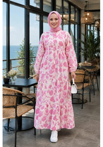 Hb Harma Time Butik Kadın Düğmeli Desenli Modal Kumaş Pembe Elbise