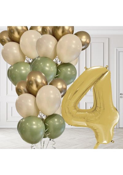 4 Yaş Retro Küf Yeşili Krom Gold Kum Beji Balon Seti Gold Rakam Doğum Günü Balonu Şık Parti Süsleme Çok Renkli