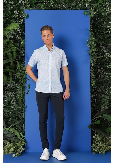 Efor Slim Fit Düğmeli Yaka Desenli Kısa Kol Pamuk Mavi Gömlek G 1503 Mavi
