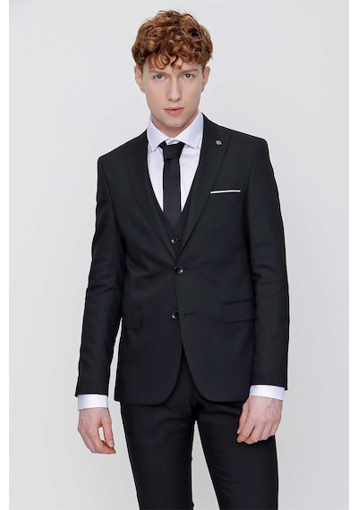Morven Siyah Yelekli Jakarlı Slim Fit Dar Kesim 6 Drop Erkek Takım Elbise Siyah
