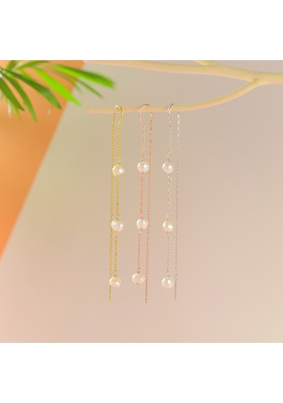 Queen Silver Jewelry 925 Ayar Gümüş. İnci Örme Sallantılı Japon Küpe Altın