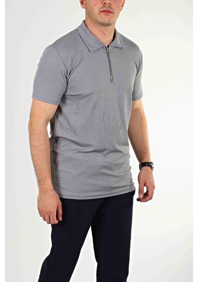 Eg38 Yarım Fermuar Polo Yaka Tşört Gri