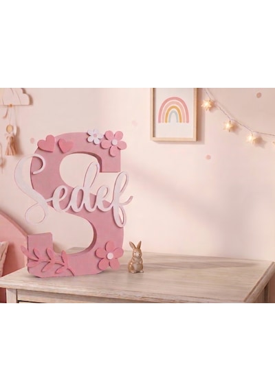 Kişiye Özel 20 CM Harf İsimlik ve Harf Anahtarlık Seti 3D Baskı Dekoratif İsimlik Çocuk & Bebek Odası Pudra - Pembe