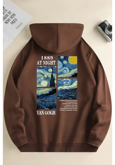 Vangogh Baskılı Oversize Sweatshirt Kahverengi
