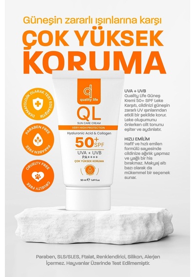 Quality Life Yüz Güneş Kremi Su Bazlı Leke Karşıtı Faktör Güneş Kremi SPF50+ 50 ML