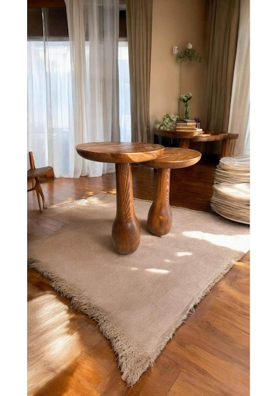 Simillo Wood Ahşap 2'li Set Fitilli Mantar Yan Sehpa Modern Fiskos / Açık Ceviz Renk / Zigon Sehpa Vernikli Kahverengi