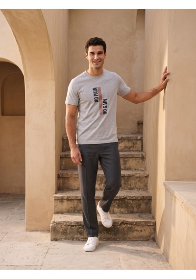 Maccali Erkek Gri No Pain No Gain Baskılı Bisiklet Yaka Bol Kesim Tişört