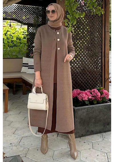 Rabia Şamlı Sinem Çelik Örme Triko Hırka Sütlü Kahve Çok Renkli