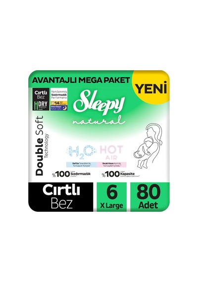 Sleepy Natural Double Soft Avantajlı Mega Paket Bebek Bezi 6 Numara Xlarge 80 Adet