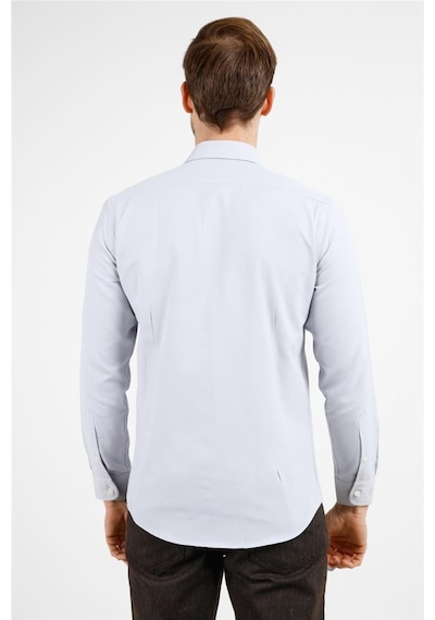 İmza Gri Kendinden Desenli Sert Yaka Uzun Kol Cepsiz Slim Fit Pamuklu Gömlek 1004255283 Gri