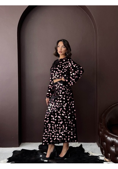 Verymoda Pullu Kadife Etek F2000 Siyah Pembe