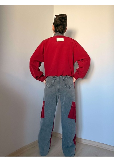 Ali Butik Bordo Paraşüt Kumaş Denim Detaylı Takım Bordo