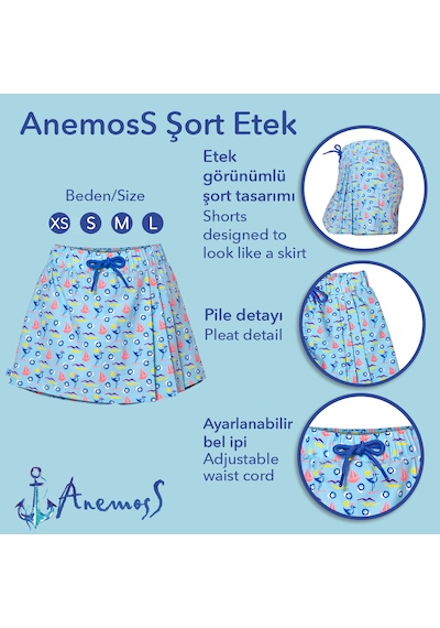 Anemoss Gemici Martı Kadın Şort Etek Bağcıklı Bel, Deniz Temalı Yazlık Skort Çok Renkli