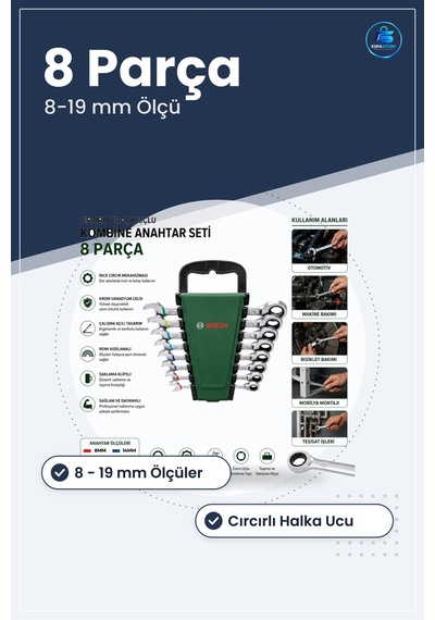 Kombine Anahtar Takımı 8 Parça İla 19 Mm Cırcırlı Krom Vanadyum Ç