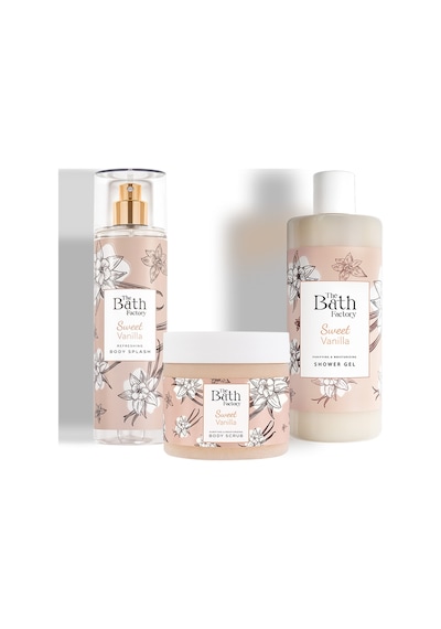 The Bath Factory Vanilyalı Vücut Peelingi + Vanilyalı Duş Jeli + Vanilyalı Vücut Spreyi