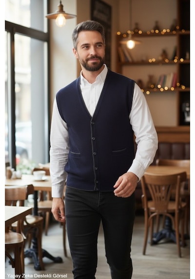Kamalı Lacivert Erkek V Yaka Triko Düğmeli Cepli Çizgi Desenli Regular Fit Tüylenmeyen Örgü Yelek Lacivert