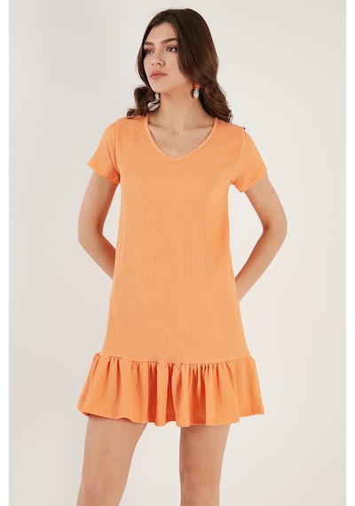 Lela Regular Fit Fırfırlı V Yaka Bürümcük Mini Bayan Elbise 5865071 Açık Oranj