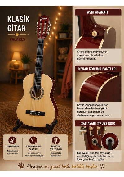 Valares Qcg3024 34 1/2 Yarım Boy Klasik Gitar Naturel Askı Aparatlı Çocuklar İçin İdeal Kolay Çalım